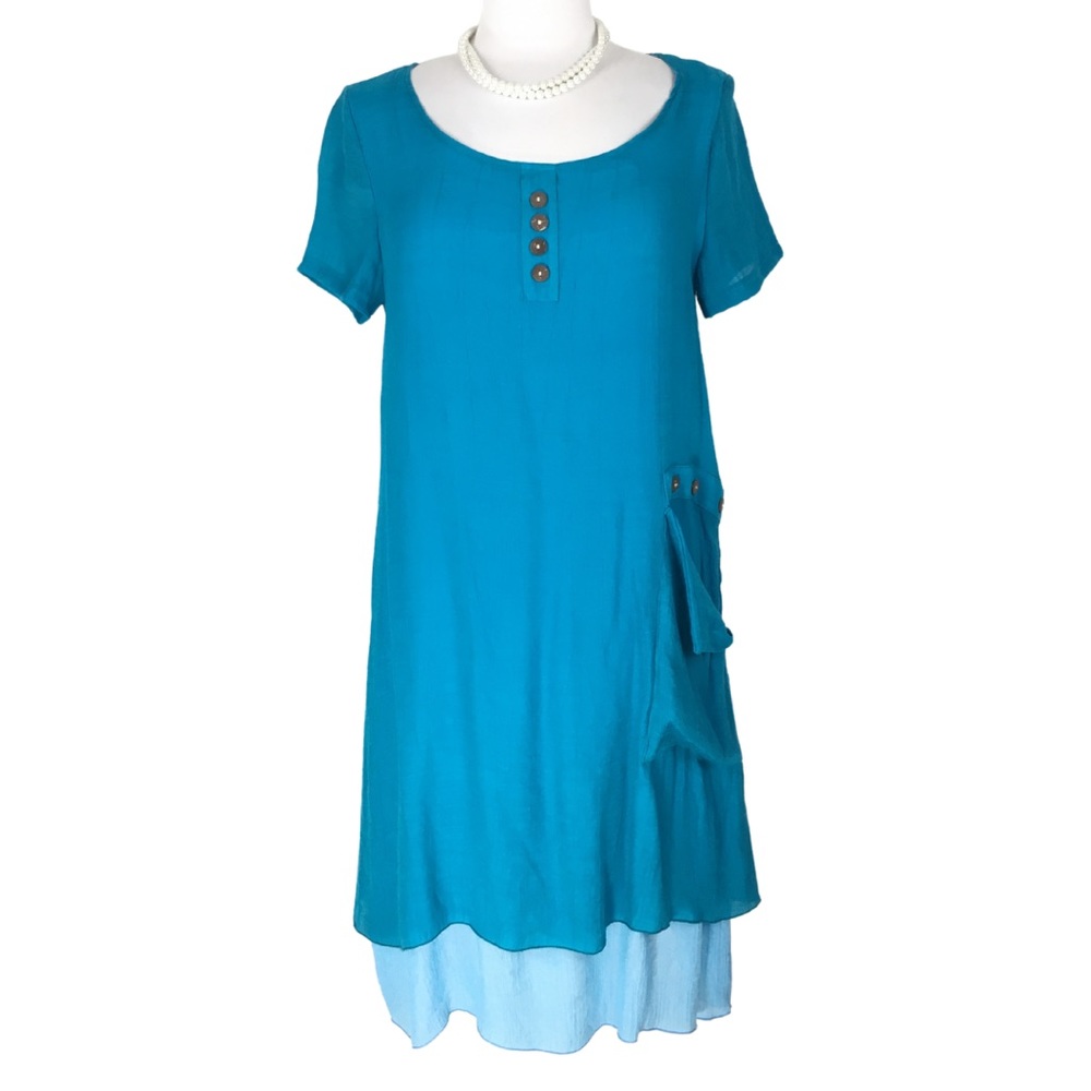 Miss Nikky Aqua Blue Short Sleeve Scooped Neck Layered Shift Dress size Medium